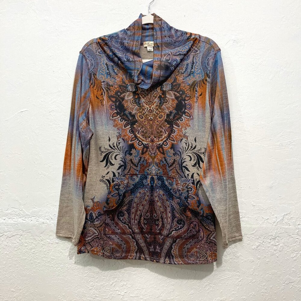 WORLD UNITY Pullover Top Abstract High Neck Embellished Kangaroo Pocket 2X Multi